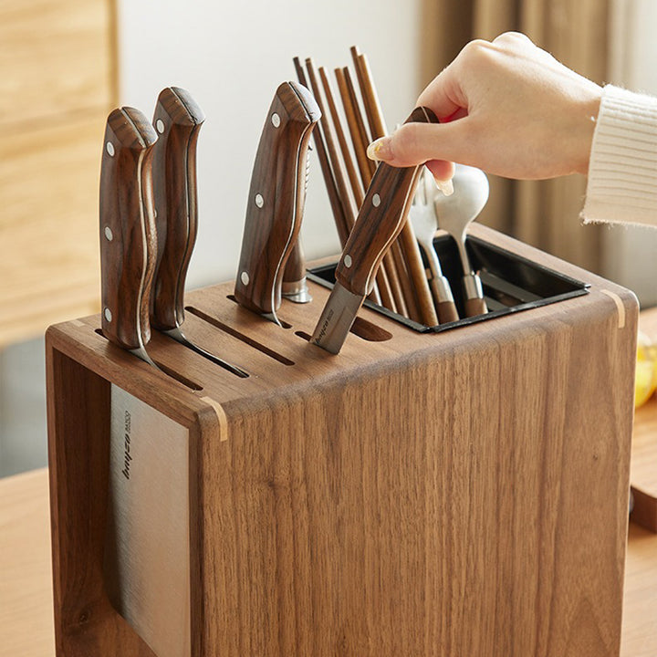 Modern Minimalist Rectangular Black Walnut Nauclea Wood Knife Holder For Kitchen
