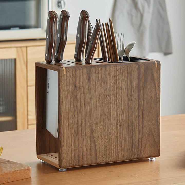 Modern Minimalist Rectangular Black Walnut Nauclea Wood Knife Holder For Kitchen