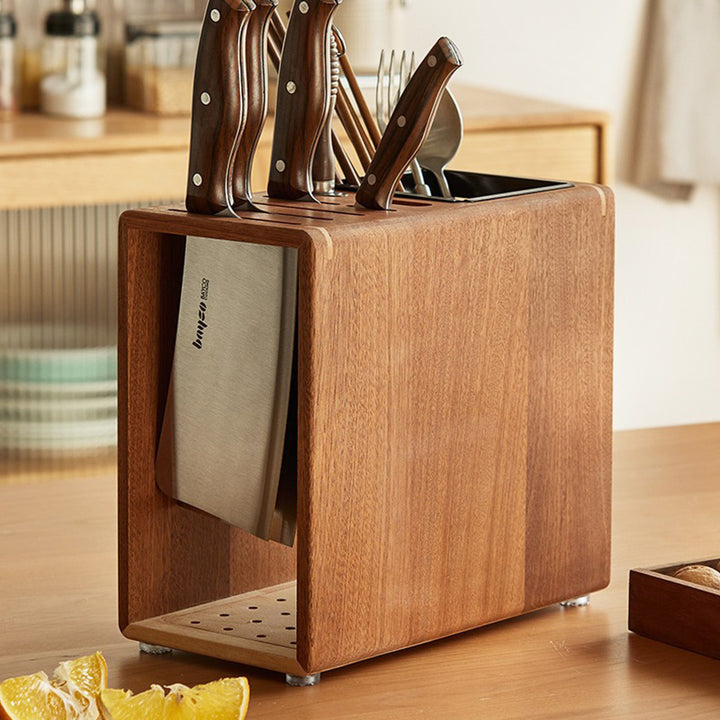 Modern Minimalist Rectangular Black Walnut Nauclea Wood Knife Holder For Kitchen