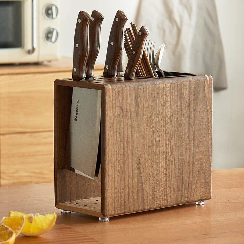 Modern Minimalist Rectangular Black Walnut Nauclea Wood Knife Holder For Kitchen