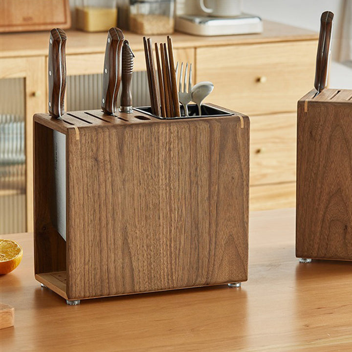Modern Minimalist Rectangular Black Walnut Nauclea Wood Knife Holder For Kitchen