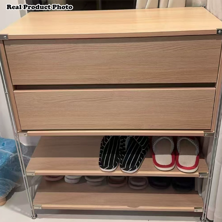 Shoe Storage Cabinet With 2 Drawers &amp; Multi-Tier Open Shelves - Modern Particleboard &amp; Steel Entryway Organizer