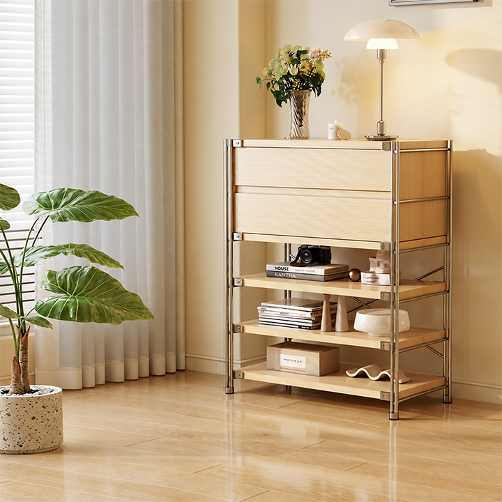 Shoe Storage Cabinet With 2 Drawers &amp; Multi-Tier Open Shelves - Modern Particleboard &amp; Steel Entryway Organizer