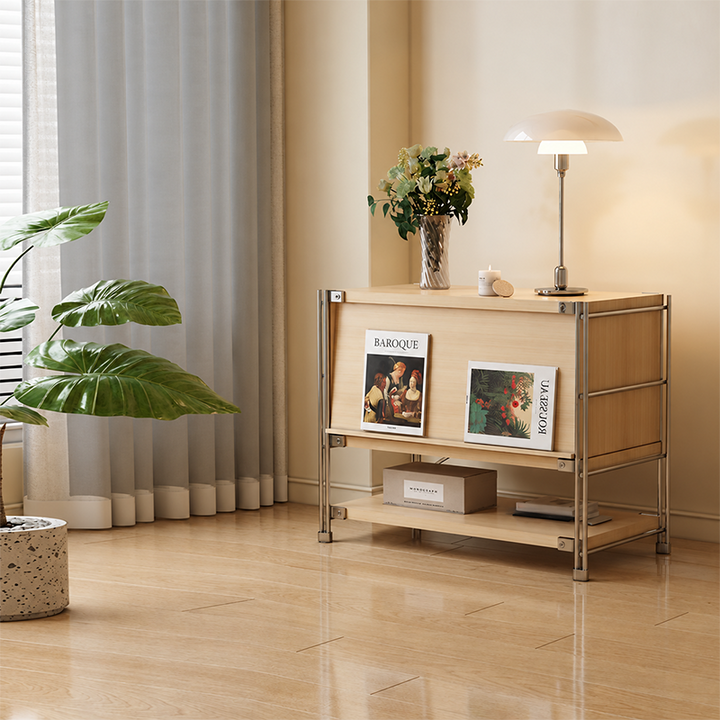 Modern Entryway Storage Cabinet With Flip-Down Door, Open Shelves &amp; Spacious Top For Living Room