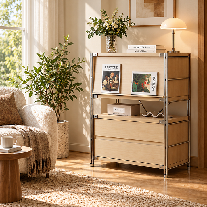 Multi-Functional Storage Cabinet With Flip-Down Door, 2 Drawers &amp; Open Display Shelf For Living Room