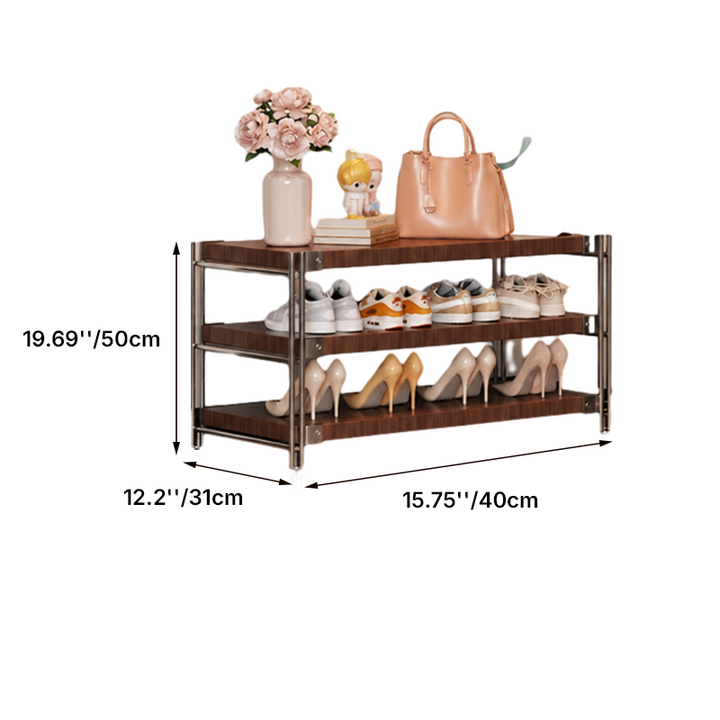 3-Tier Shoe Rack Bench With Seating Top - Modern Steel Frame & Particleboard Walnut Finish For Entryway