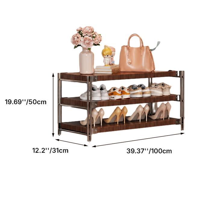 3-Tier Shoe Rack Bench With Seating Top - Modern Steel Frame &amp; Particleboard Walnut Finish For Entryway