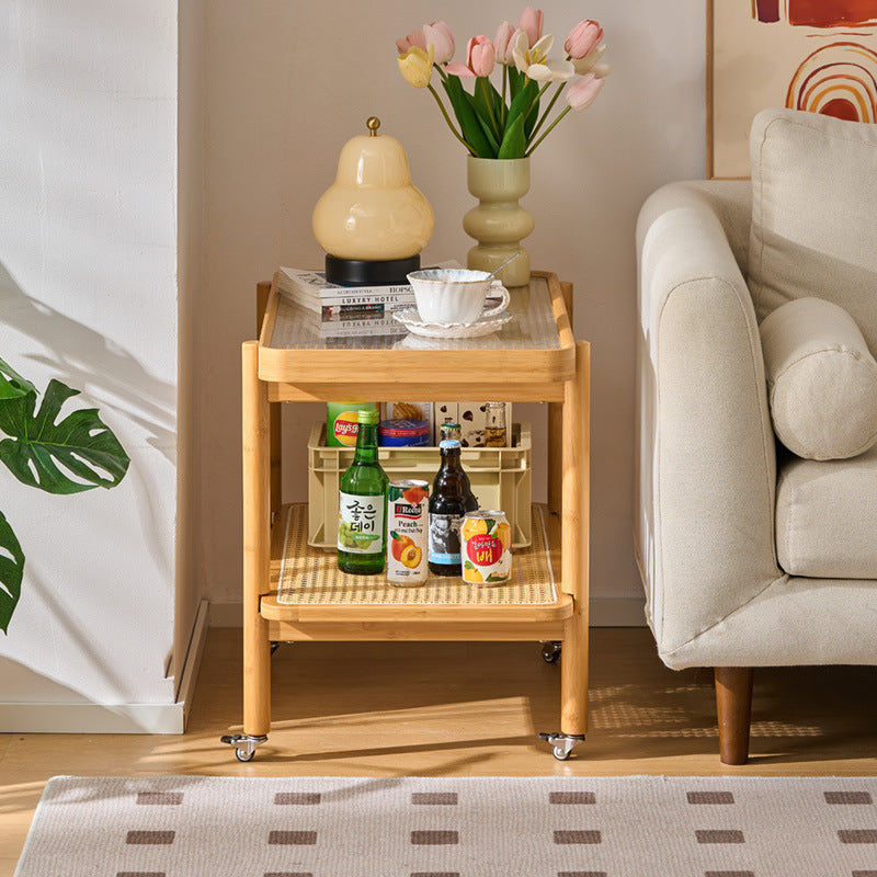Traditional Japanese Glass Bamboo Faux Rattan Weaving Rectangular Movable End Table 2-Tier For Living Room