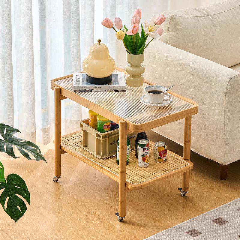 Traditional Japanese Glass Bamboo Faux Rattan Weaving Rectangular Movable End Table 2-Tier For Living Room