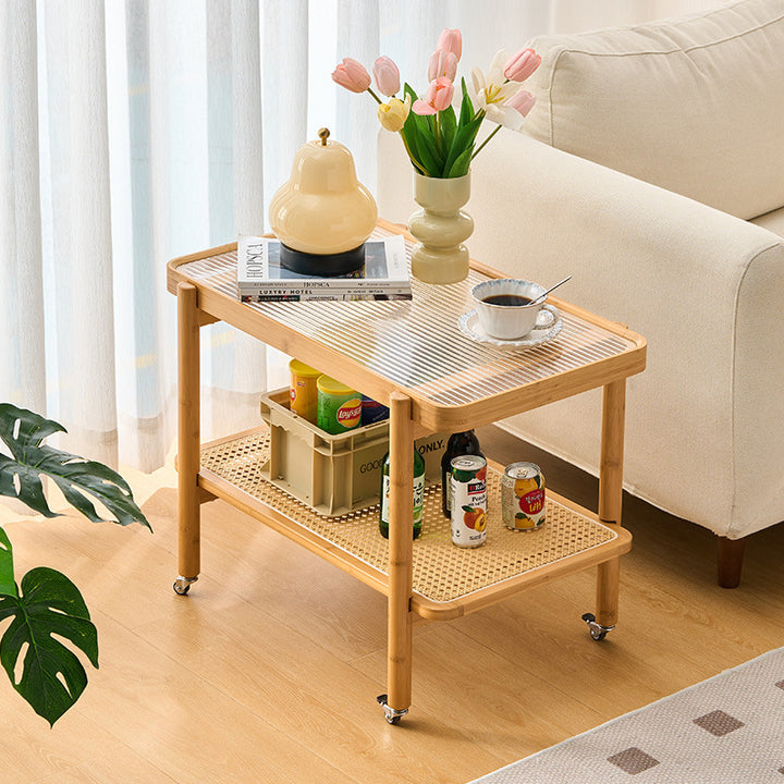 Traditional Japanese Glass Bamboo Faux Rattan Weaving Rectangular Movable End Table 2-Tier For Living Room