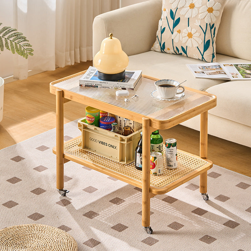 Traditional Japanese Glass Bamboo Faux Rattan Weaving Rectangular Movable End Table 2-Tier For Living Room
