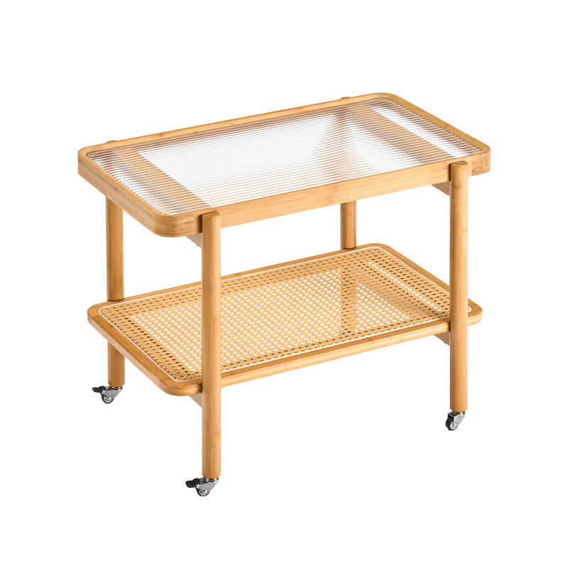 Traditional Japanese Glass Bamboo Faux Rattan Weaving Rectangular Movable End Table 2-Tier For Living Room