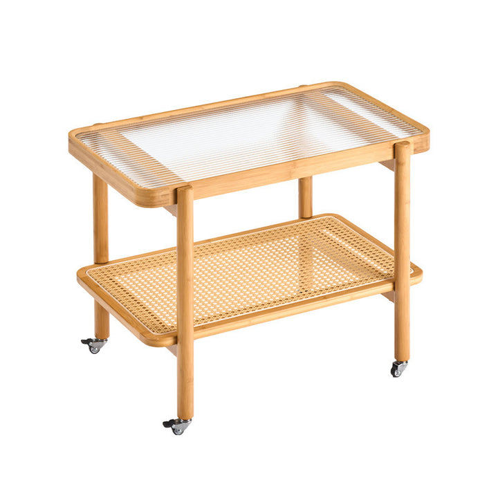 Traditional Japanese Glass Bamboo Faux Rattan Weaving Rectangular Movable End Table 2-Tier For Living Room