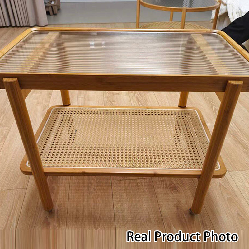 Traditional Japanese Glass Bamboo Faux Rattan Weaving Rectangular Movable End Table 2-Tier For Living Room