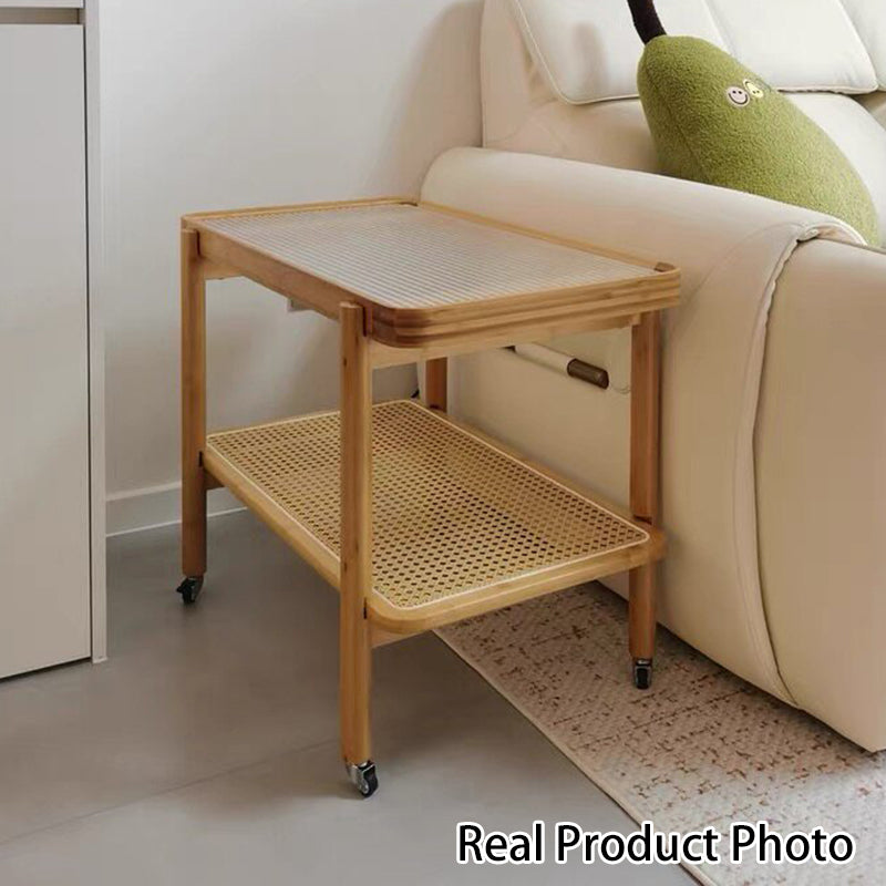 Traditional Japanese Glass Bamboo Faux Rattan Weaving Rectangular Movable End Table 2-Tier For Living Room