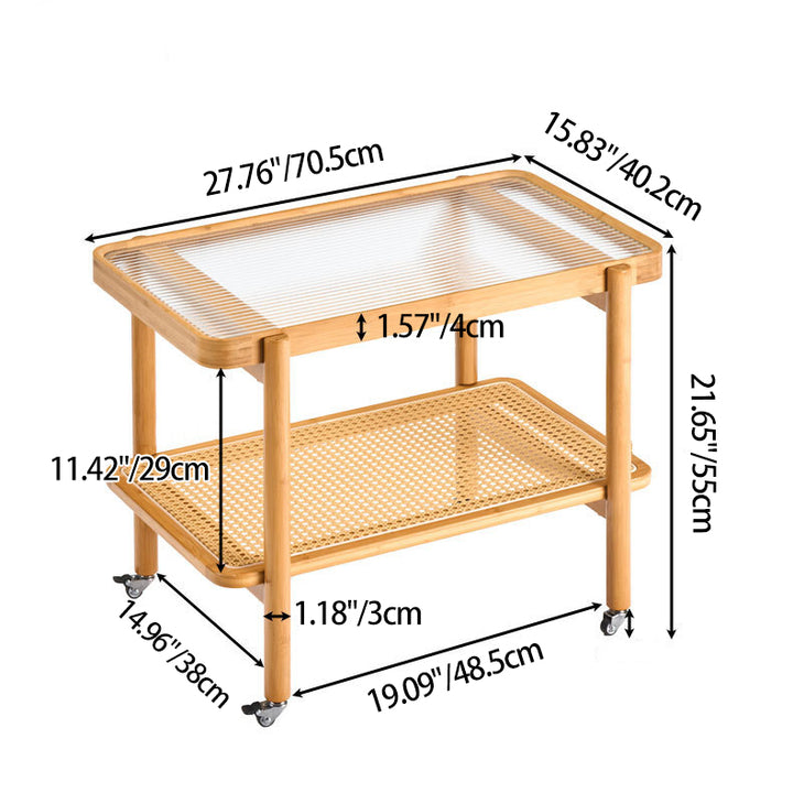 Traditional Japanese Glass Bamboo Faux Rattan Weaving Rectangular Movable End Table 2-Tier For Living Room