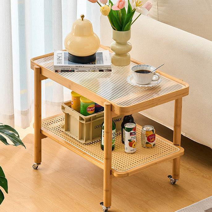 Traditional Japanese Glass Bamboo Faux Rattan Weaving Rectangular Movable End Table 2-Tier For Living Room