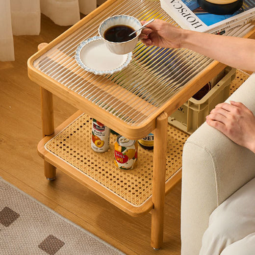 Traditional Japanese Glass Bamboo Faux Rattan Weaving Rectangular Movable End Table 2-Tier For Living Room