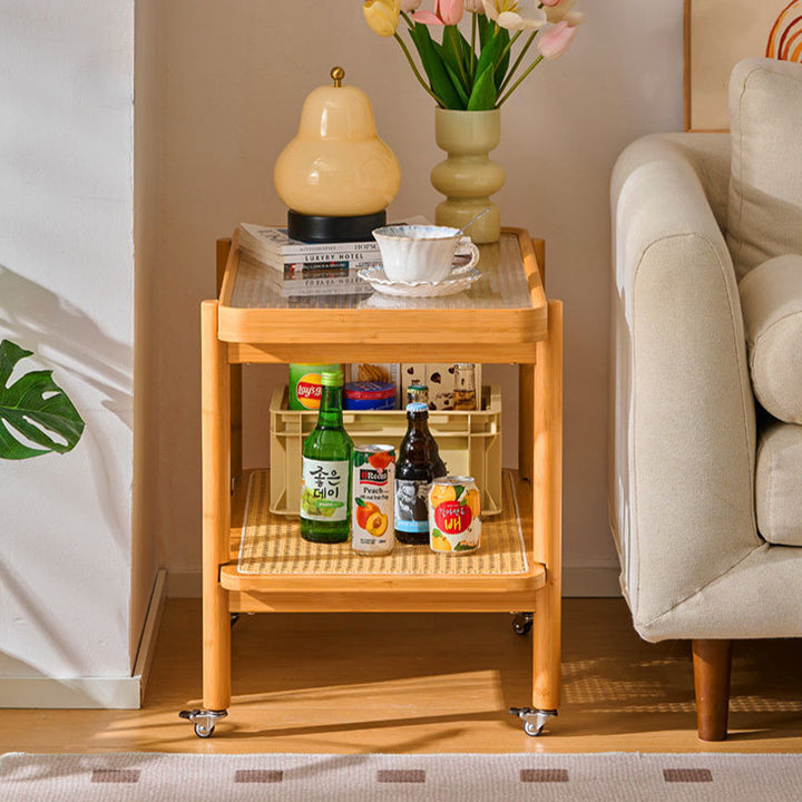 Traditional Japanese Glass Bamboo Faux Rattan Weaving Rectangular Movable End Table 2-Tier For Living Room