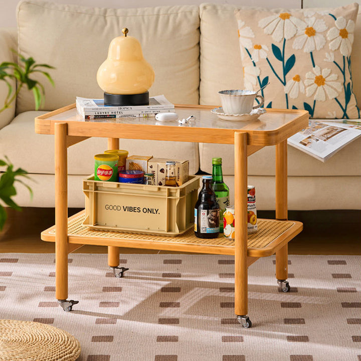 Traditional Japanese Glass Bamboo Faux Rattan Weaving Rectangular Movable End Table 2-Tier For Living Room