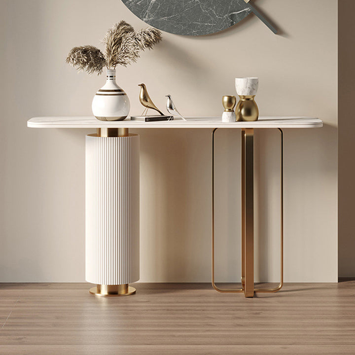 Contemporary Nordic Rock Slab Carbon Steel Pine Wood Rectangular Console Table 1-Tier For Entryways & Hallway