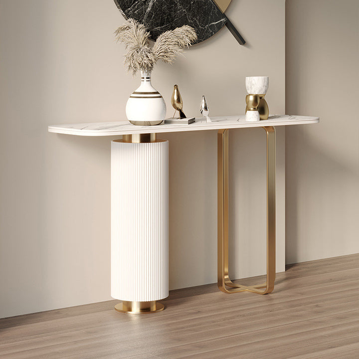 Contemporary Nordic Rock Slab Carbon Steel Pine Wood Rectangular Console Table 1-Tier For Entryways & Hallway