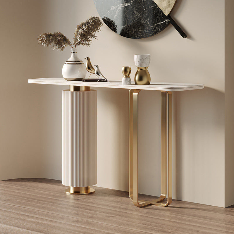 Contemporary Nordic Rock Slab Carbon Steel Pine Wood Rectangular Console Table 1-Tier For Entryways &amp; Hallway