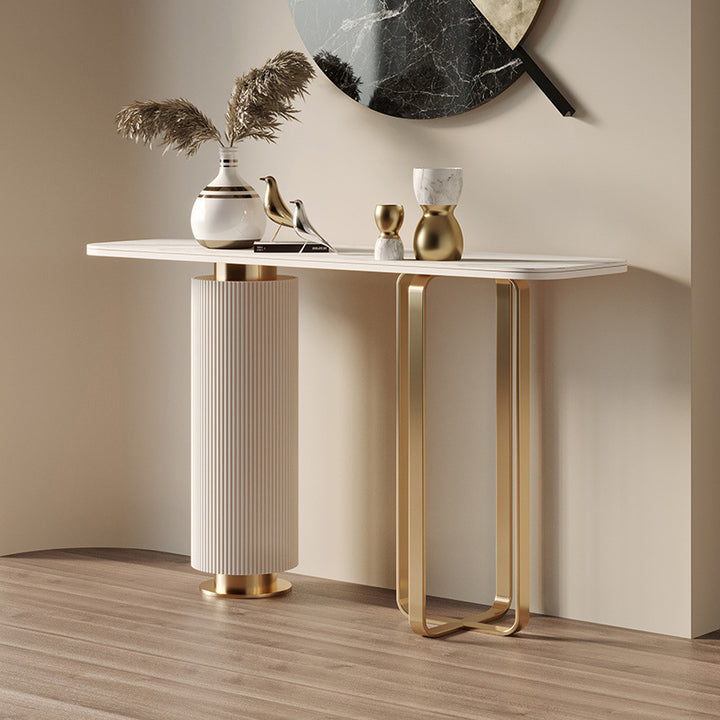 Contemporary Nordic Rock Slab Carbon Steel Pine Wood Rectangular Console Table 1-Tier For Entryways & Hallway