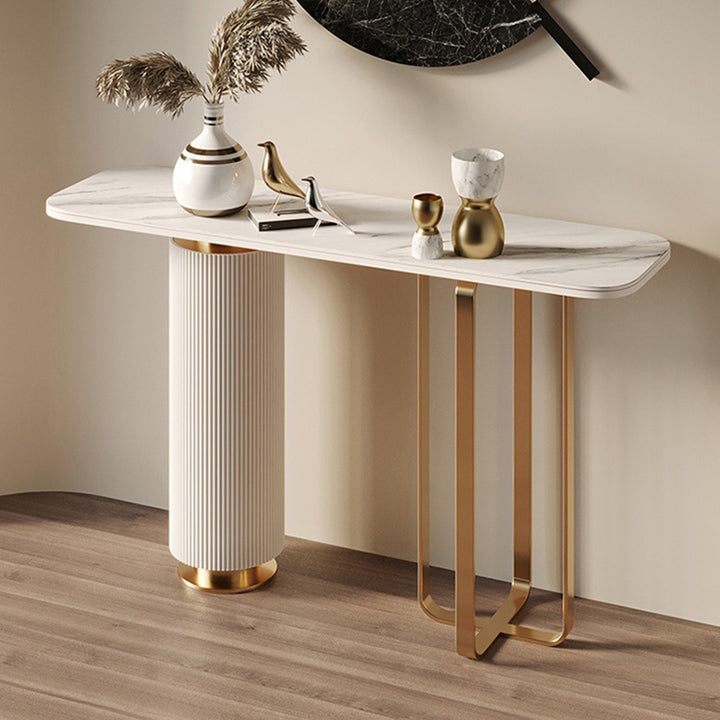 Contemporary Nordic Rock Slab Carbon Steel Pine Wood Rectangular Console Table 1-Tier For Entryways &amp; Hallway