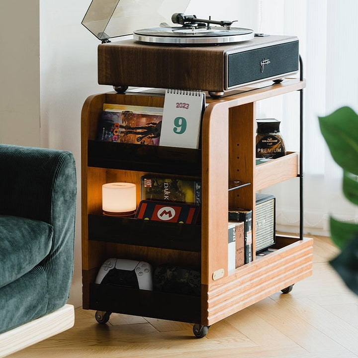 Modern Mid-Century Rubberwood Glass Rectangular Movable Space-Saving Side Table 3-Tier For Living Room
