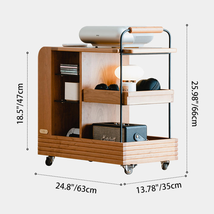 Modern Mid-Century Rubberwood Glass Rectangular Movable Space-Saving Side Table 3-Tier For Living Room