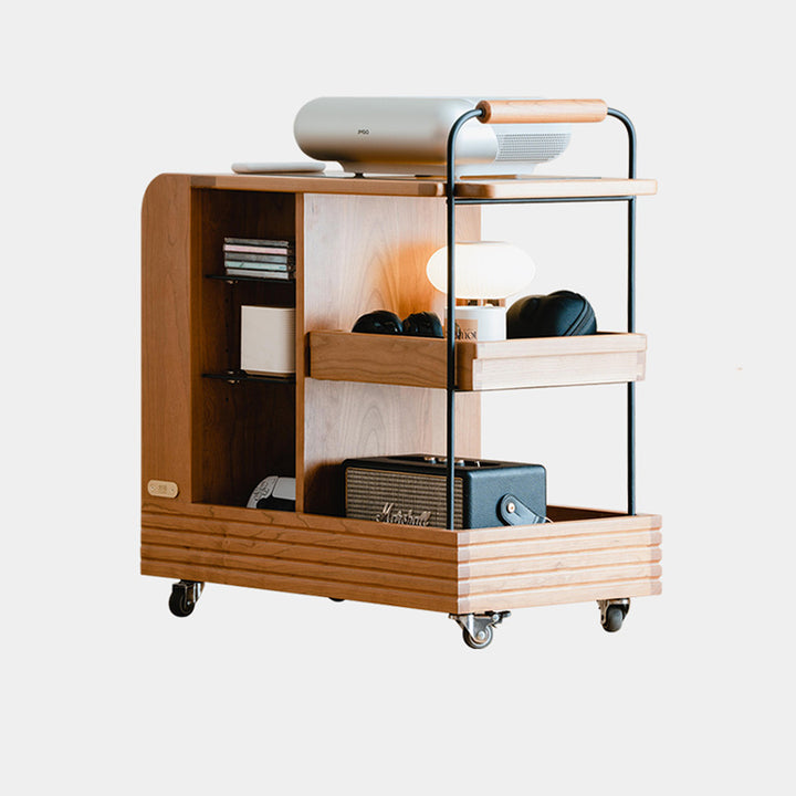 Modern Mid-Century Rubberwood Glass Rectangular Movable Space-Saving Side Table 3-Tier For Living Room