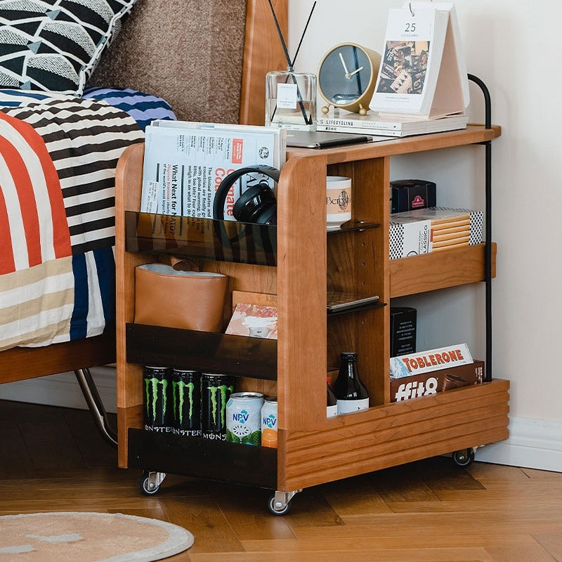 Modern Mid-Century Rubberwood Glass Rectangular Movable Space-Saving Side Table 3-Tier For Living Room