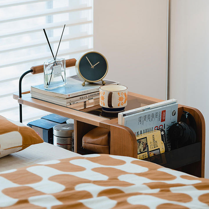 Modern Mid-Century Rubberwood Glass Rectangular Movable Space-Saving Side Table 3-Tier For Living Room