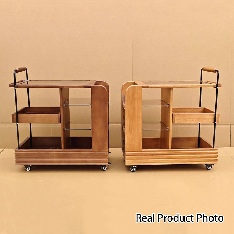 Modern Mid-Century Rubberwood Glass Rectangular Movable Space-Saving Side Table 3-Tier For Living Room