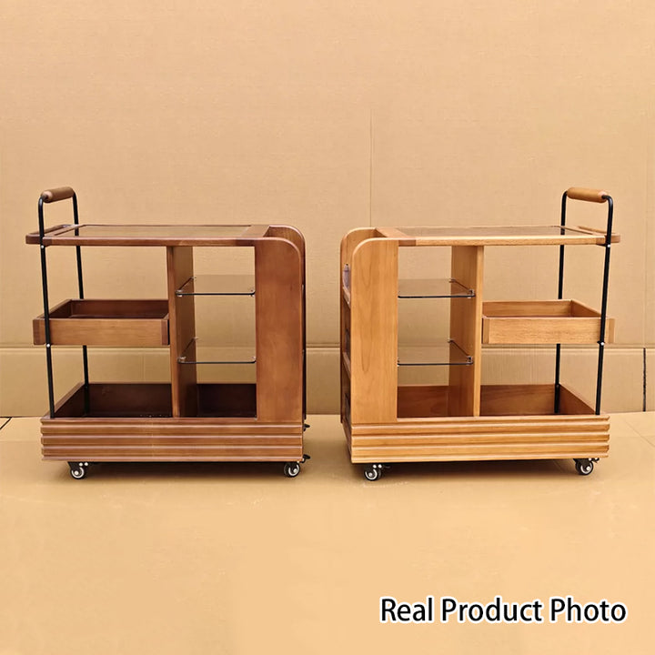 Modern Mid-Century Rubberwood Glass Rectangular Movable Space-Saving Side Table 3-Tier For Living Room