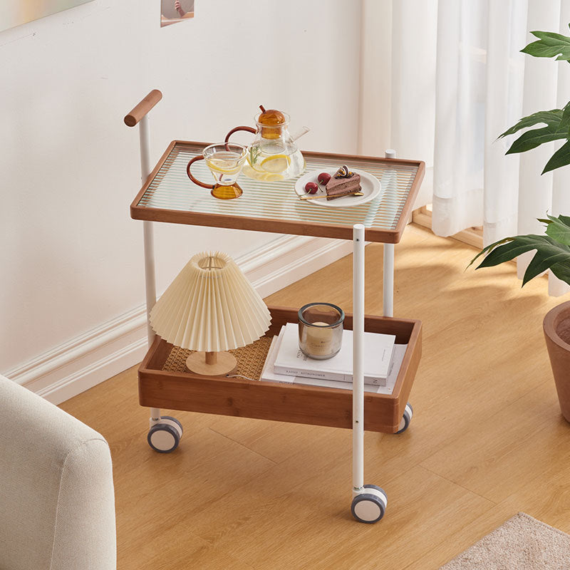 Traditional Japanese Bamboo Tempered Glass Carbon Steel Movable Scratch-Proof Side Table 2-Tier For Living Room