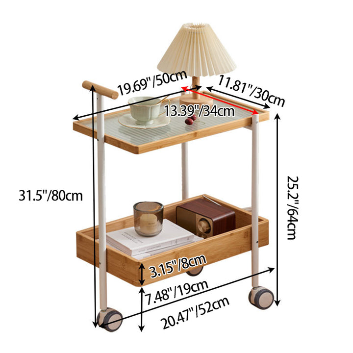 Traditional Japanese Bamboo Tempered Glass Carbon Steel Movable Scratch-Proof Side Table 2-Tier For Living Room
