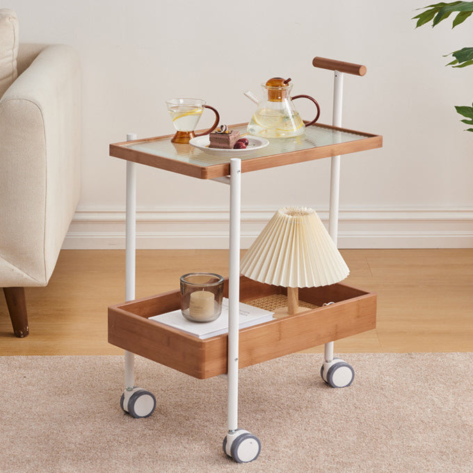 Traditional Japanese Bamboo Tempered Glass Carbon Steel Movable Scratch-Proof Side Table 2-Tier For Living Room