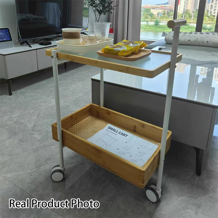 Traditional Japanese Bamboo Tempered Glass Carbon Steel Movable Scratch-Proof Side Table 2-Tier For Living Room