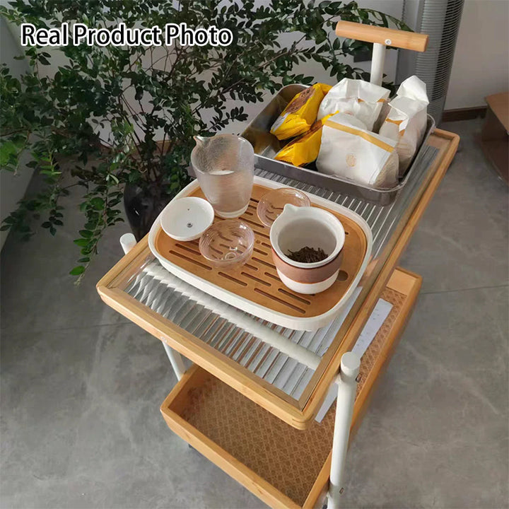 Traditional Japanese Bamboo Tempered Glass Carbon Steel Movable Scratch-Proof Side Table 2-Tier For Living Room