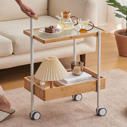 Traditional Japanese Bamboo Tempered Glass Carbon Steel Movable Scratch-Proof Side Table 2-Tier For Living Room