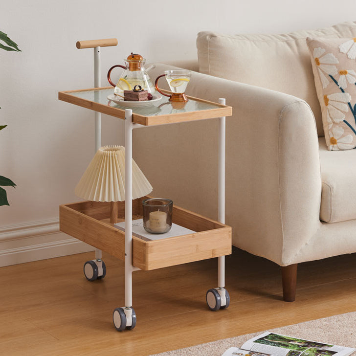 Traditional Japanese Bamboo Tempered Glass Carbon Steel Movable Scratch-Proof Side Table 2-Tier For Living Room