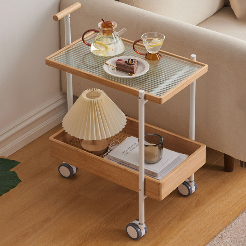 Traditional Japanese Bamboo Tempered Glass Carbon Steel Movable Scratch-Proof Side Table 2-Tier For Living Room