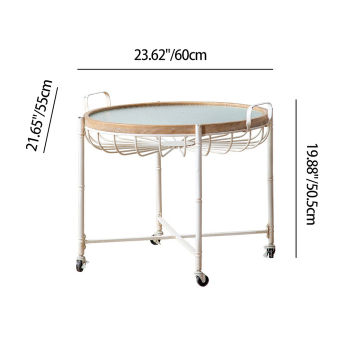 Modern Shabby Chic Pine Wood Tempered Glass Movable Practical Rolling Side Table 1-Tier For Living Room