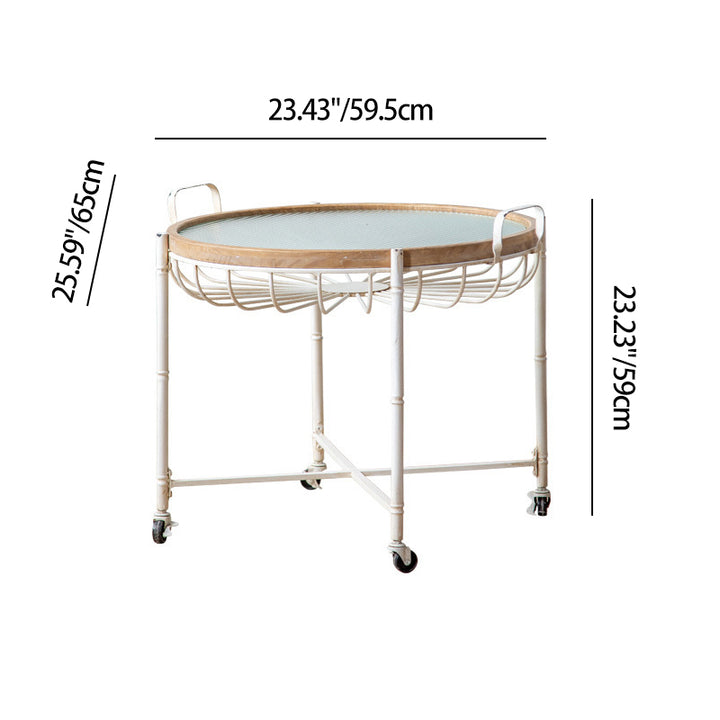Modern Shabby Chic Pine Wood Tempered Glass Movable Practical Rolling Side Table 1-Tier For Living Room