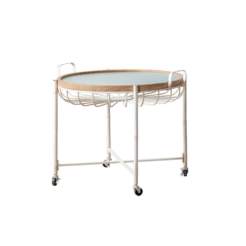 Modern Shabby Chic Pine Wood Tempered Glass Movable Practical Rolling Side Table 1-Tier For Living Room