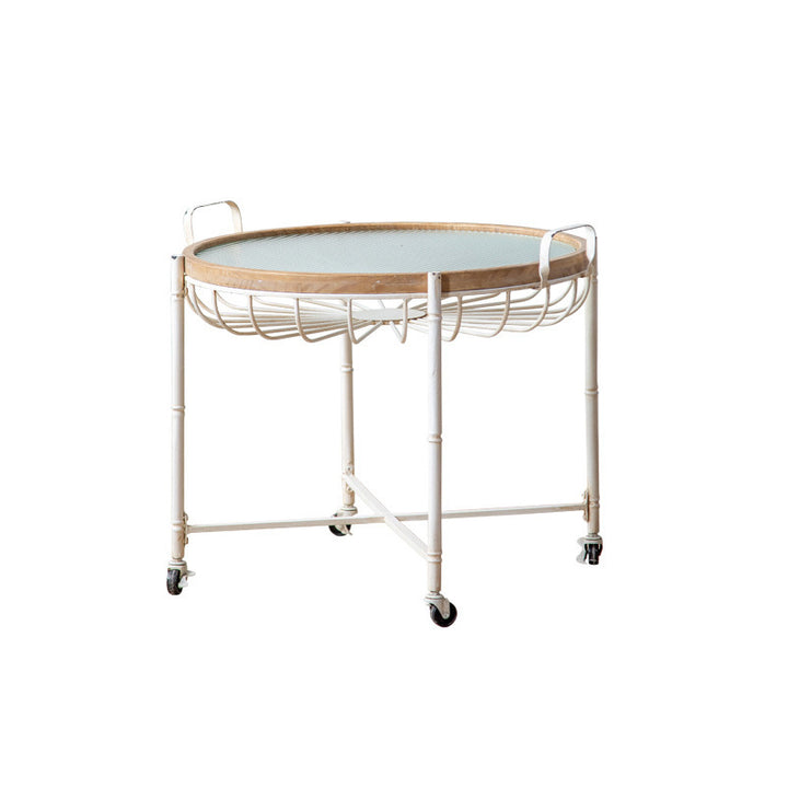 Modern Shabby Chic Pine Wood Tempered Glass Movable Practical Rolling Side Table 1-Tier For Living Room