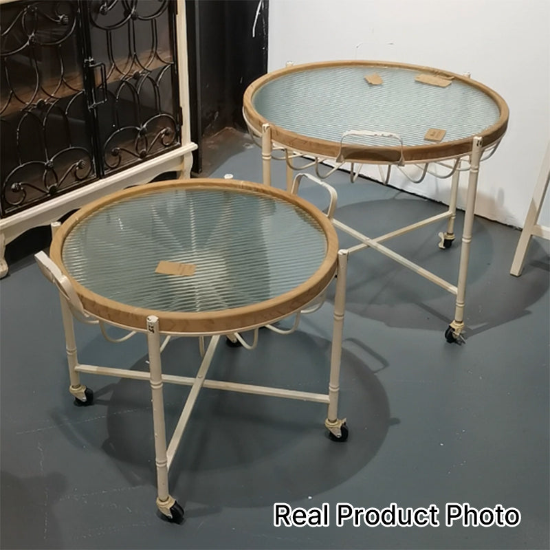 Modern Shabby Chic Pine Wood Tempered Glass Movable Practical Rolling Side Table 1-Tier For Living Room