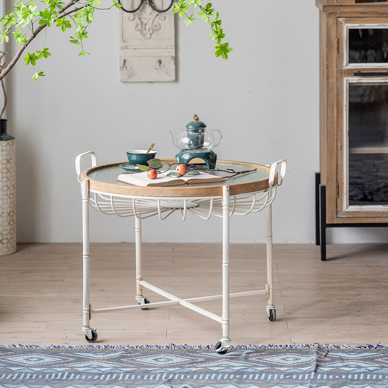 Modern Shabby Chic Pine Wood Tempered Glass Movable Practical Rolling Side Table 1-Tier For Living Room